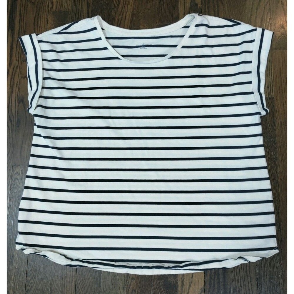 LL Bean Signature Top Women's XL Black White Striped Short Sleeve 100% Cotton